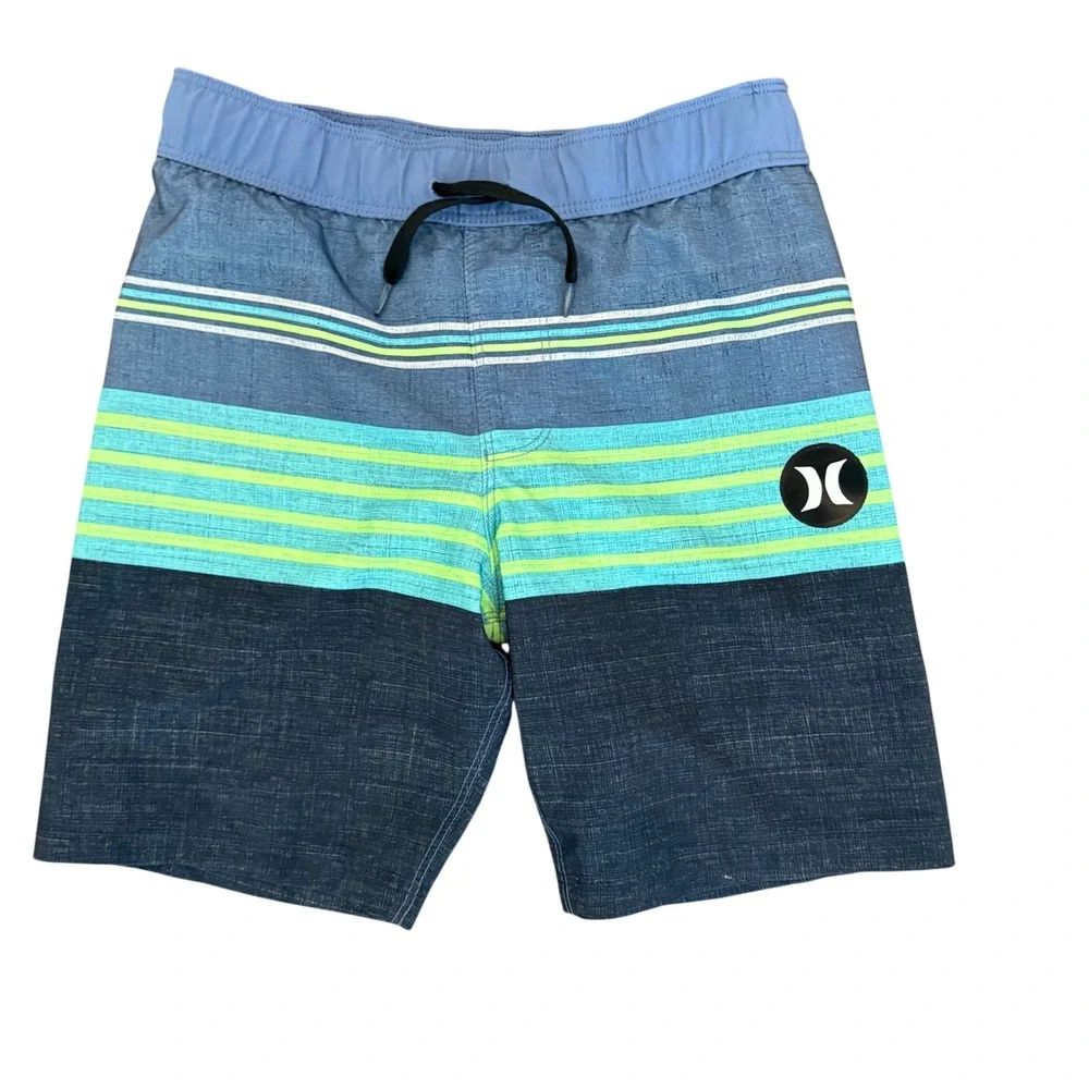 Hurley Boys Blue Neon Green Striped Board Shorts Swim Trunks Size 5/6